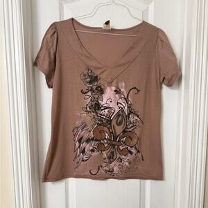 Cleek brown short sleeve V-neck floral fleur de lis design Y2K Size L